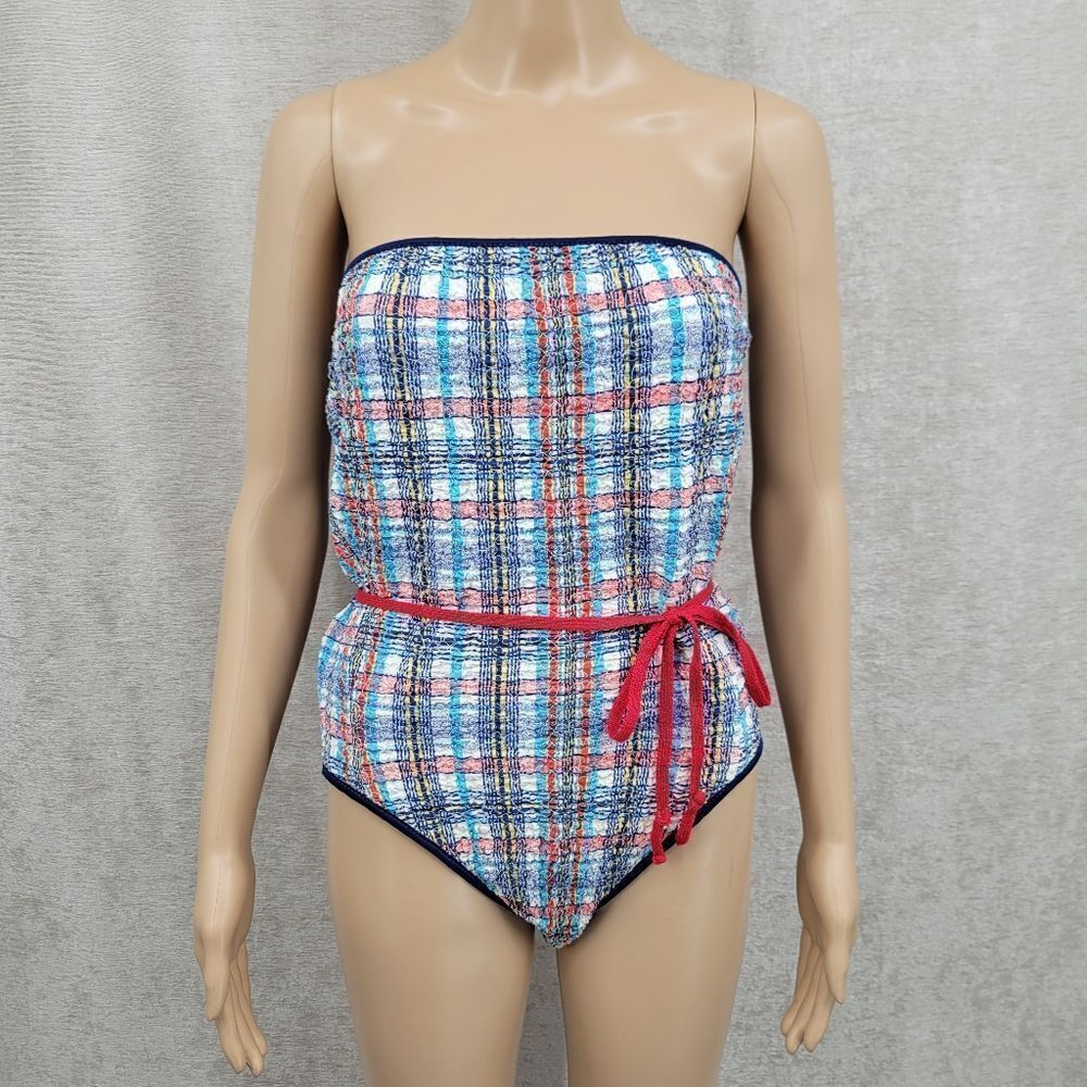 Rose Marie Reid Vintage Plaid Check One Piece Swimsuit Strapless 70s Blue Red